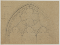 214572 Interieur van de Buurkerk te Utrecht: opstand van het ontwerp voor de tracering in het eerste nieuwe venster aan ...